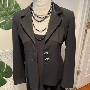 Casual corners, petite black skirt suit with satin collar!